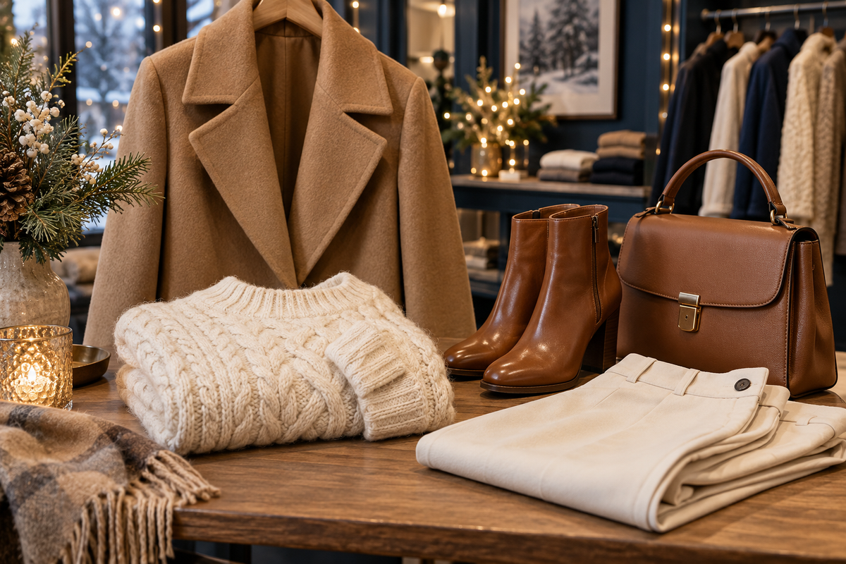 KI-generierte beispielhafte Winterkollektion: Camel-Mantel, cremefarbener Strick, helle Hose, cognacfarbene Stiefeletten und Tasche.