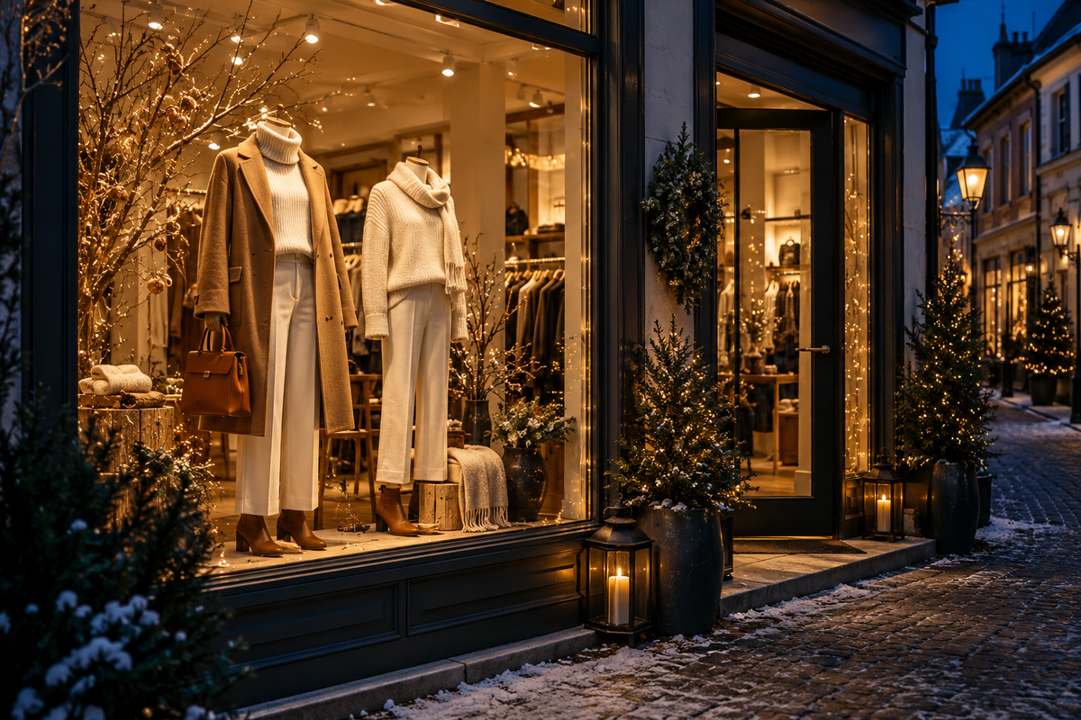 KI-generiertes Beispiel: Winterliches Modeschaufenster mit warmem Lichterglanz, camel-farbenem Mantel und cremefarbener Kollektion.