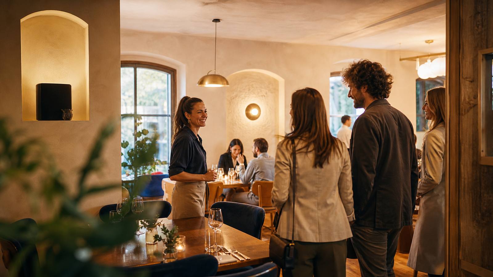 Gastgeberin begrüsst Gäste in einem Restaurant mit bewusst gestalteter Klangatmosphäre