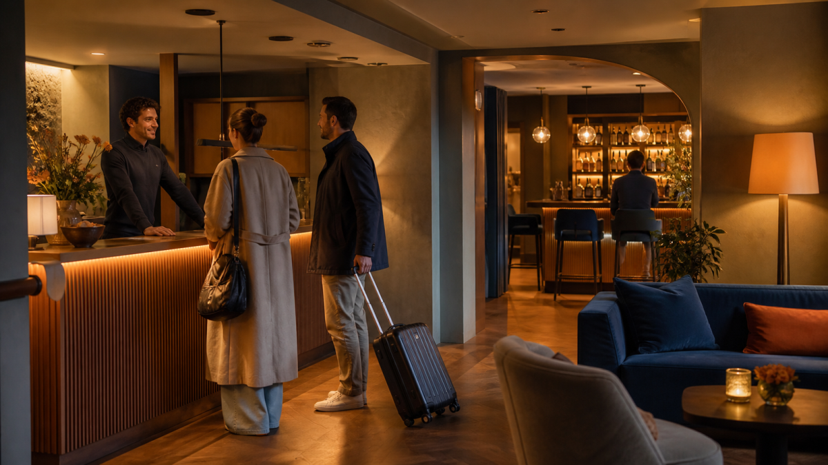 Gästeankunft in einem Boutique-Hotel mit abgestimmten Klangwelten für Lobby und Bar