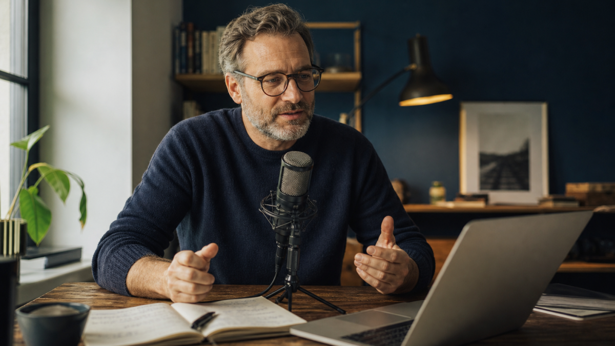 Experte spricht in einem Studio in ein Mikrofon und nimmt sein Fachwissen als Audio auf